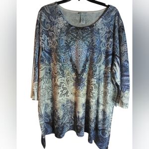 Catherines Blue and Brown Paisley Tunic Studded Top Size 1X Cottage